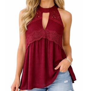 NWT Taylor & Sage Sheer Lace Halter Blouse Keyhole Boho Burgundy NWT S